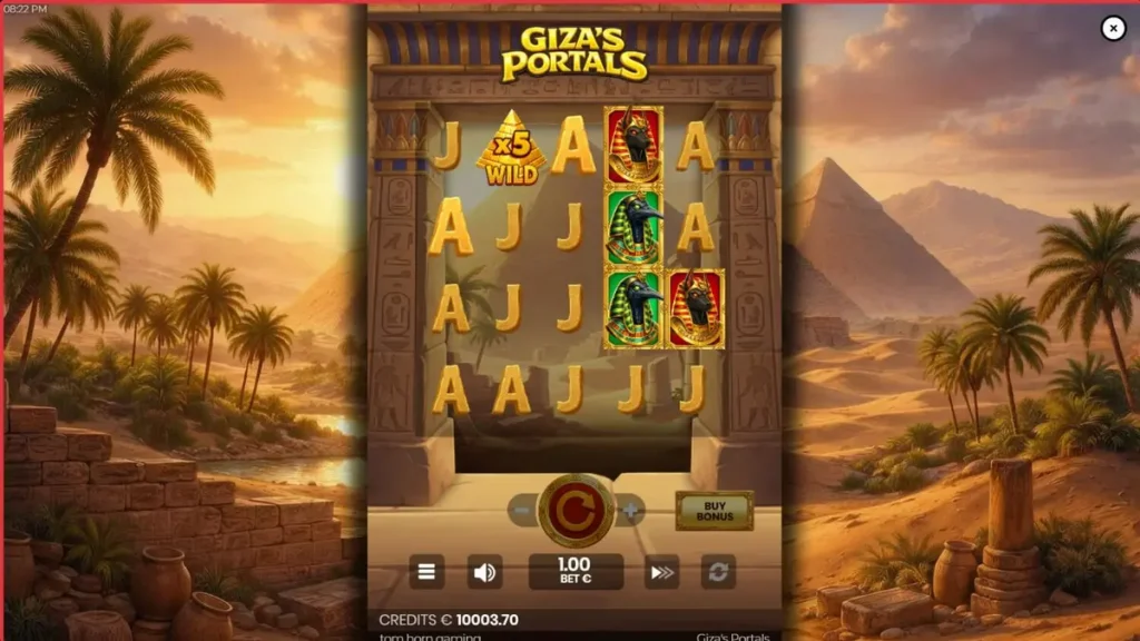 Giza’s Portals سلاٹ گیم کا منظر جس میں قدیم مصری مندر اور اہرام نظر آ رہے ہیں۔