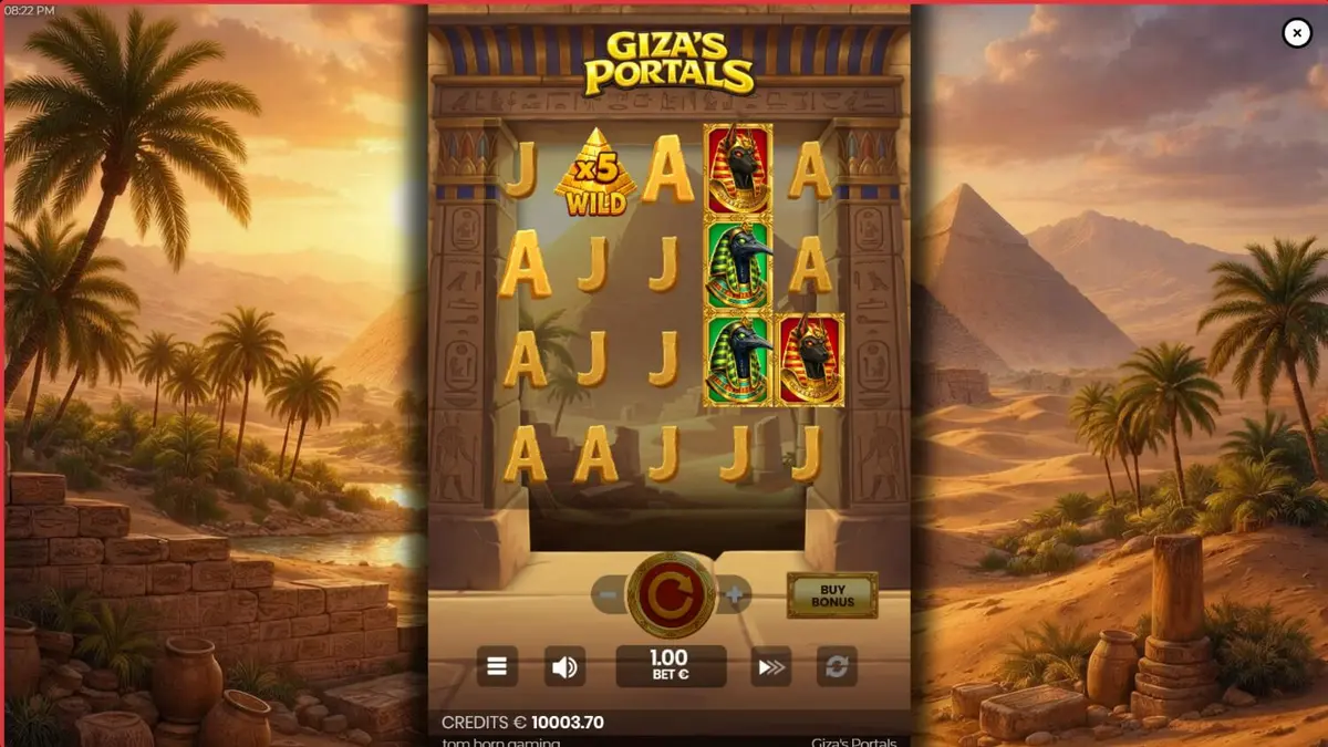 Giza’s Portals سلاٹ گیم کا منظر جس میں قدیم مصری مندر اور اہرام نظر آ رہے ہیں۔
