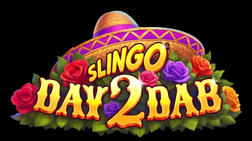 Slingo Day 2 Dab slot game theme featuring sugar skulls and Mexican festive decorations.